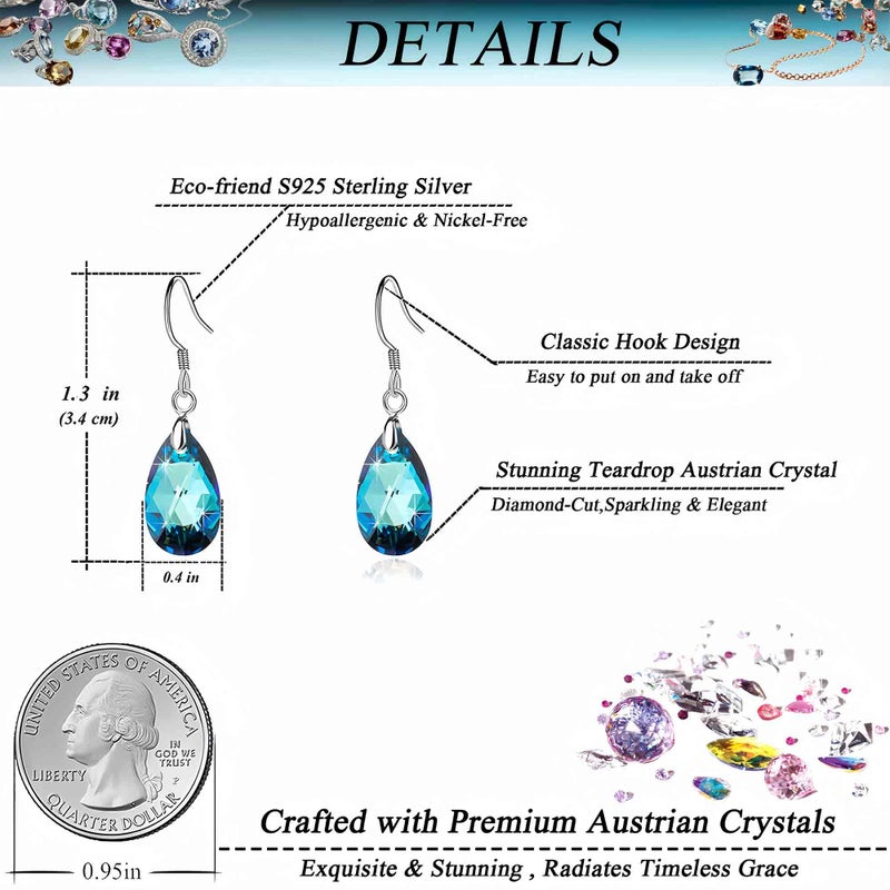 EVEVIC Austrian Crystal Teardrop Dangle Earrings for Women Drop Hook Earring 925 Sterling Silver Hypoallergenic Jewelry (Bermuda Blue) - Image 4